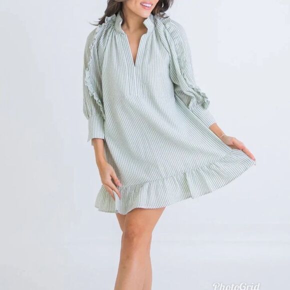 Revolve Karlie Green Mint Seersucker Stripe Ruffle Boho Dress - Picture 1 of 11